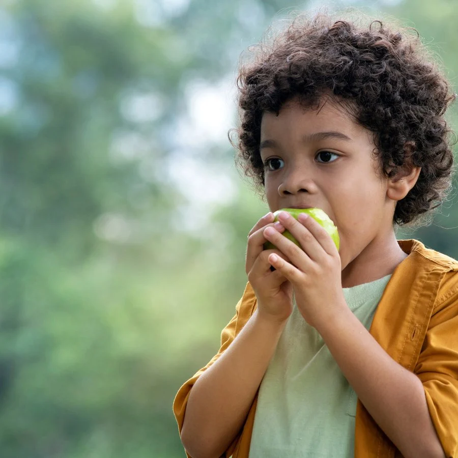 Boy eating a green apple at the park