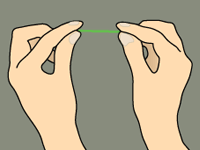 Guiding floss between the teeth with thumbs and forefingers